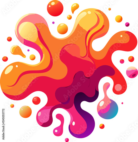 Vibrant funky liquid shapes with colorful gradients - pink, orange and red bubbly blobs squiggling on black bg. Psychedelic curvy amoeba forms, quirky decorative trendy elements for groovy design.