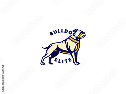 Bulldog Elite Logo Design Cream and Dark Blue Vector Illustration Standing Dog Mascot