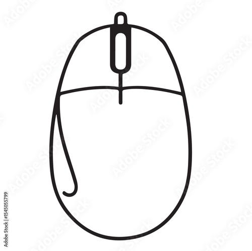 A white outline vector of a computer mouse with a scroll wheel and cord, seen from a top-down perspective, is centered on a solid black background.