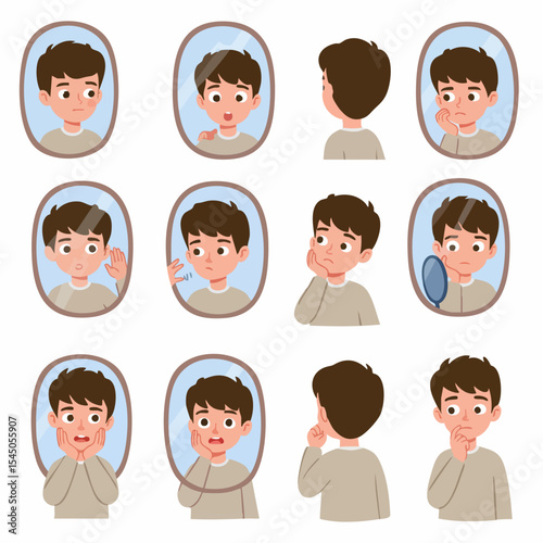 Self-Reflection in the Mirror: A series of reflective moments shows a young individual observing his physical features and emotions within an oval mirror, focusing on aspects of appearance.