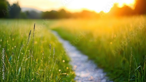 A sunlit pathway winds through a lush green field with dew-kissed grass, creating a serene and peaceful natural scene at golden hour.