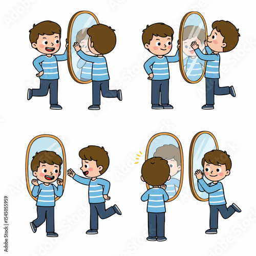 Mirror image exploration: A cartoon illustration explores the interaction of a boy with a mirror. Highlighting self-awareness and reflection in a simple, engaging format.
