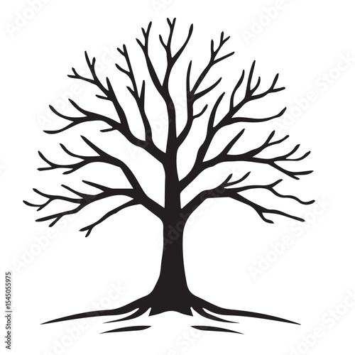 A black vector illustration of a bare tree with a visible root system, signifying nature, ecology, or strength.