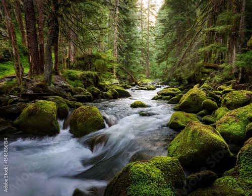 photograph of a rushing river cutting through a dense mossy forest with rocky banks