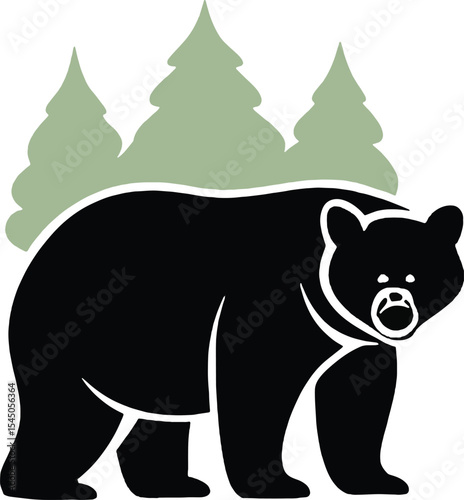Minimalist vector of a bear standing in profile with trees behind. Ideal for adventure branding, hiking graphics, and wildlife-inspired logo designs.