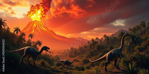 Volcanic eruption backdrop, dinosaurs roaming lush prehistoric valley, volcano,  Cretaceous