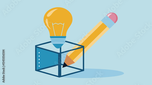 Illustration of a lightbulb on a cube with a pencil leaning against it on a light blue background