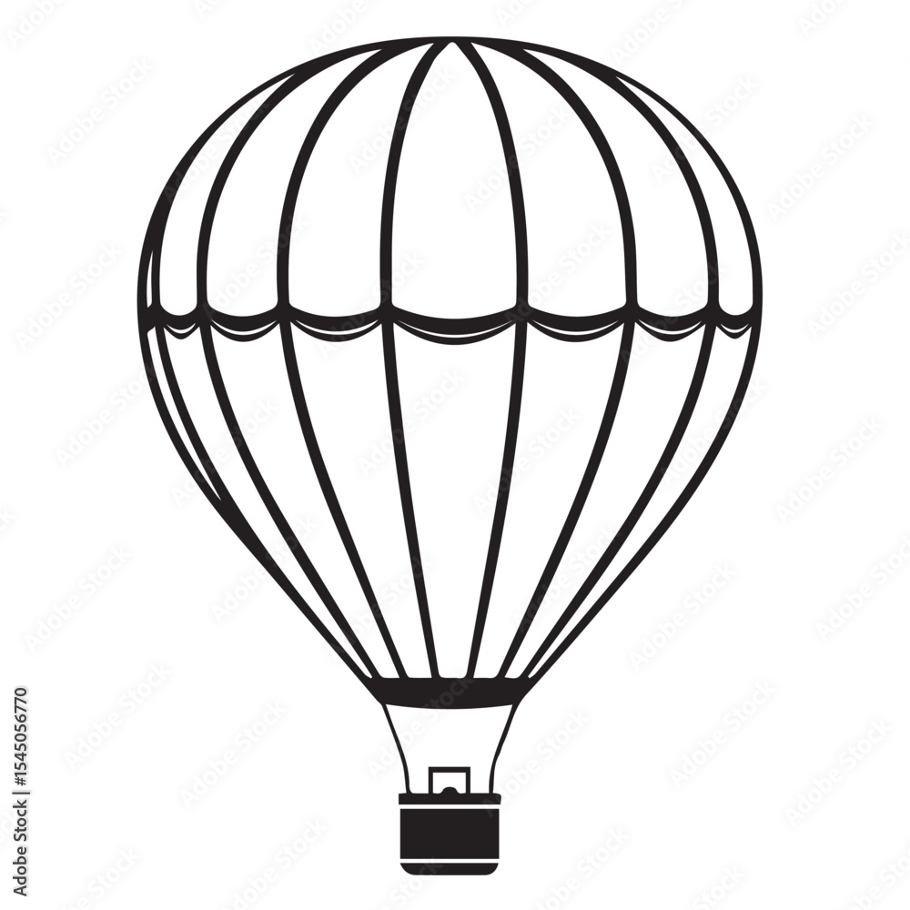 Naklejka premium A black and white vector illustration of a hot air balloon with a striped canopy and a basket, floating against a white background.