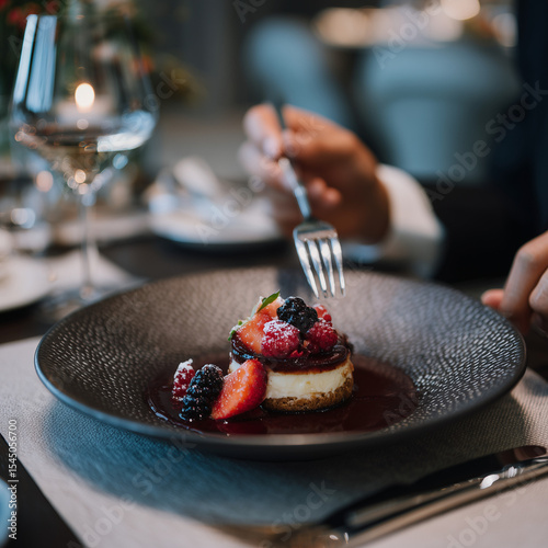 A person enjoying a fancy meal and dessert.