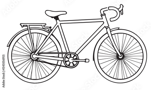 A white outline vector illustration of a bicycle with a classic frame, seat, handlebars, and luggage rack is centered on a white background.