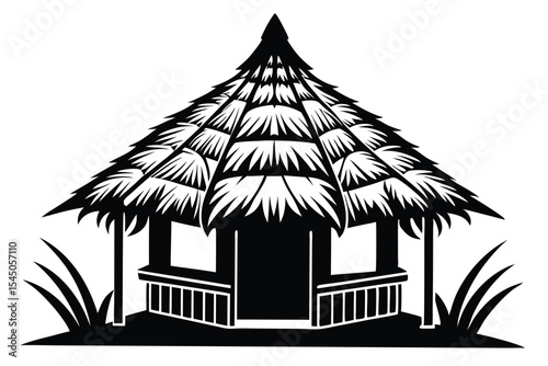 Black Silhouette of Gazebo with Thatched Roof and Grass Tuft Illustration Art