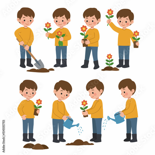 Planting and Nurturing: A delightful illustration captures a young boy engaged in the art of nurturing a budding flower