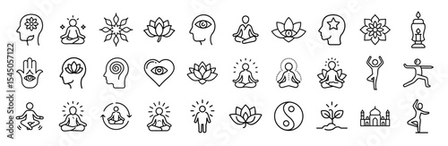 Yoga meditation relax balance harmony spiritual zen vector line icons set