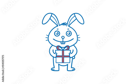 Adorable blue bunny holds a present wrapped with a red ribbon, joyfully smiling