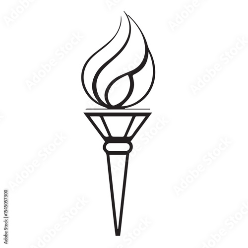 A simple black outline vector icon of a torch with an abstract, upward-curving flame is centered on a white background, symbolizing illumination or victory.