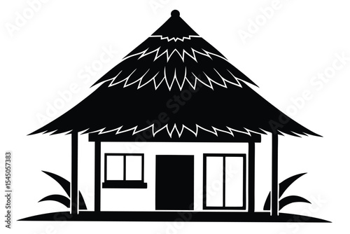 Stylized Black Silhouette of a Thatched Hut with Windows and Foliage Details