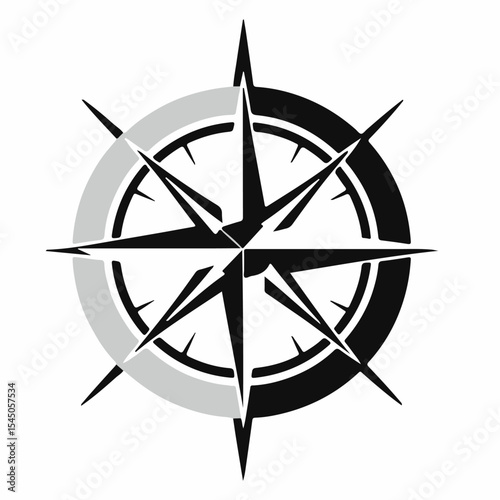 A black and white vector illustration of a stylized compass rose with shaded sections, representing navigation, direction, or exploration.