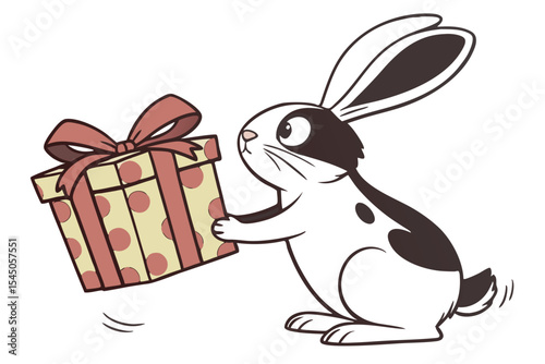 Animated bunny carrying present box adorned with polka dots and bow creates joyful scene