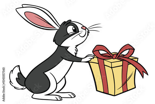 Cartoon rabbit pushing big yellow present having a red bow appears very happy