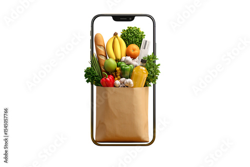 Smartphone screen showing a grocery bag full of fresh produce and goods.
