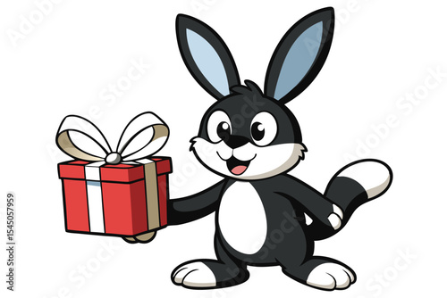 Cartoon black and white rabbit cheerfully holding a red gift box with white ribbon