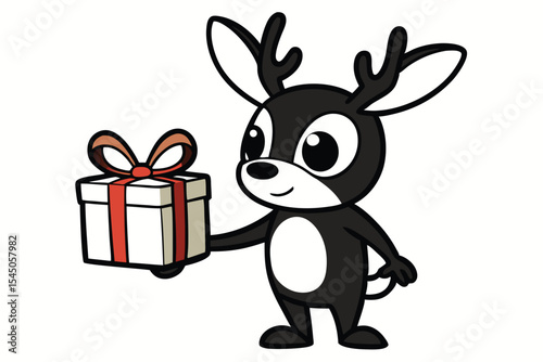 Black reindeer cartoon character presents a wrapped gift box with a decorative ribbon cheerfully