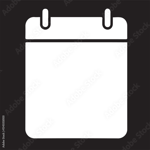 A solid white vector icon of a blank calendar page with two top loops, set against a black background, representing dates, planning, or appointments.