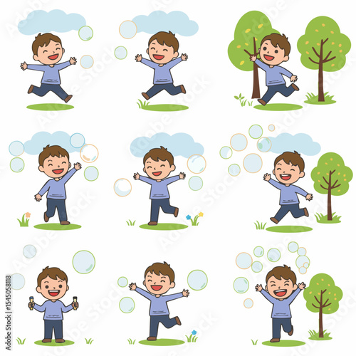 Happy Boy Playing Bubbles: A cheerful boy enjoys a sunny day playing with soap bubbles, surrounded by nature's beauty in a delightful illustration. 