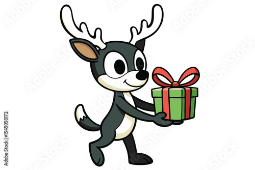 Cartoon deer happily carries a green and red gift, looking forward to celebrating