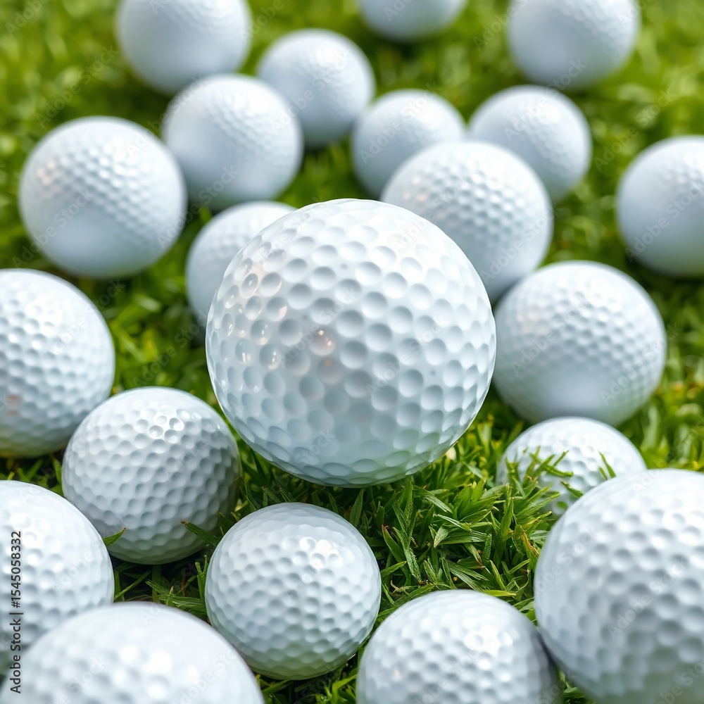 A close up shot of many white golf balls scattered across vibrant green grass on a sunny day outdoors created with generated ai A close up shot of many white golf balls scattered across vibrant green grass on a sunny day outdoors created with generated ai