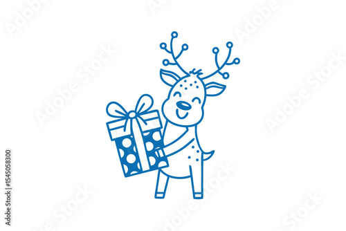 Adorable blue line art shows reindeer happily holding a polka dotted gift box