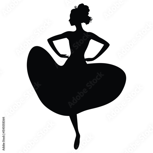 woman in Échappé feet moving apart dance pose, A graceful silhouette of a woman in a flowing skirt, poised in a dance pose.