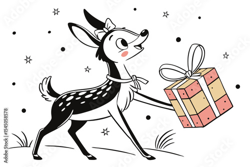 Adorable cartoon deer lovingly holds a wrapped present; it has cute spots, stars and dots