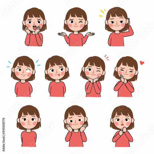 Expressive Expressions: A charming illustration of a young girl, capturing a spectrum of emotions, from joy and surprise to contemplation and affection, offering a visual narrative of human feeling.