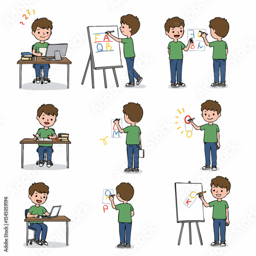 Learning Stages: A comprehensive cartoon illustration showcasing a young person's educational journey, from studying to presenting, conveying the different aspects of learning.