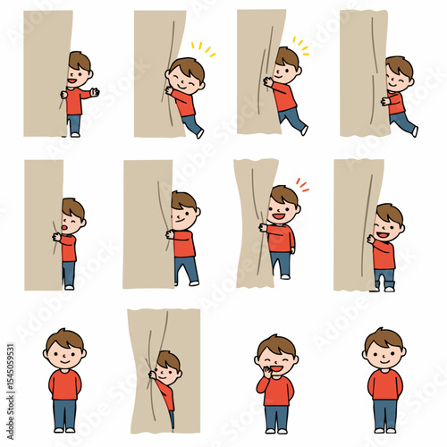 Curtain Reveal: A series of illustrations showcases a young boy interacting playfully with a curtain, revealing a sense of curiosity, joy, and anticipation in his facial expressions and movements.