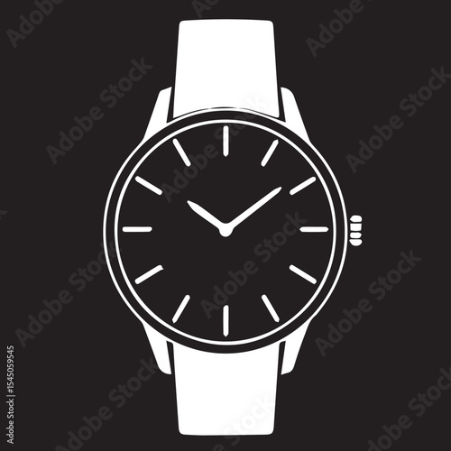 PrintA white vector icon of an analog wristwatch with a dark face and a prominent strap, set against a black background, symbolizing time or punctuality.