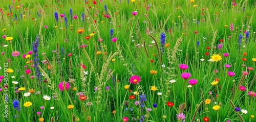 Vibrant seamless meadow panorama; wildflowers, medicinal herbs, lush green grass, summer bloom, beautiful, vector