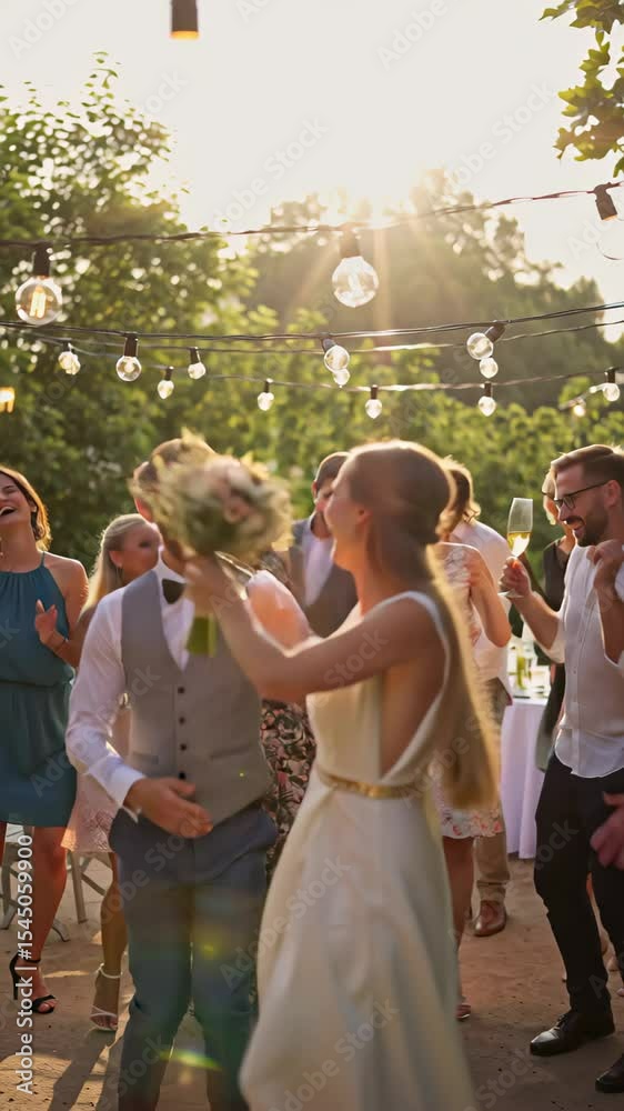 Outdoor wedding party at sunset, bride and groom dancing surrounded by happy guests and fairy lights Outdoor wedding party at sunset, bride and groom dancing surrounded by happy guests and fairy lights