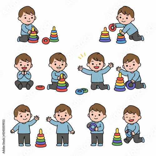 Child's Play: A montage of a cheerful child engaged in a series of educational play, interacting with colorful stackable ring toy, focusing on development, growth and joyful interaction.