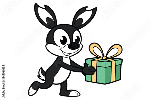 Cartoon bunny happily carries a beautifully wrapped green and gold present box with a smile
