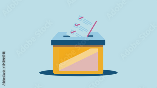 Illustration of a ballot box with ballots being inserted for an election process scene design