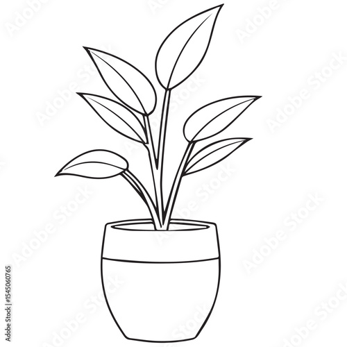 A white outline vector of a potted houseplant with three distinct, elongated leaves, contrasts against a solid black background.