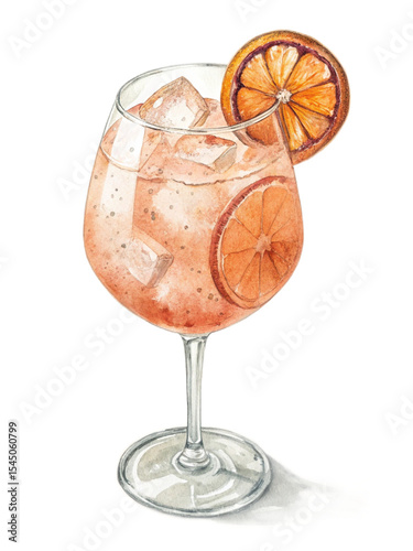 Watercolor painting of Aperol Spritz cocktail with orange slices and ice