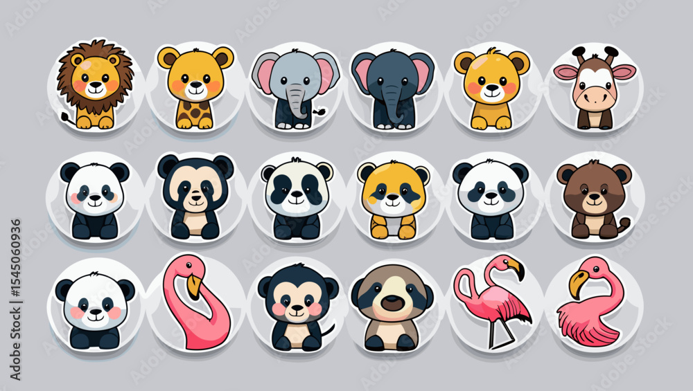 Obraz premium Collection of cartoon animals including lions elephants pandas flamingos and other cute creatures