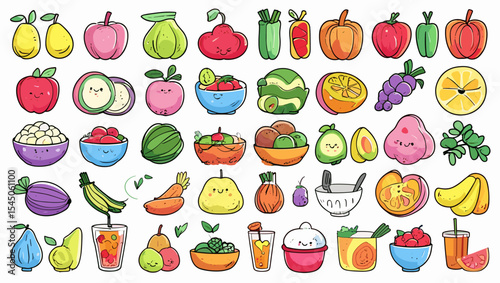 Illustration of a colorful assortment of various fruits and vegetables arranged in a grid pattern
