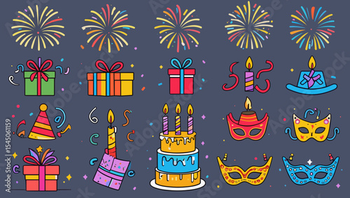 Illustration showing colorful fireworks, gift boxes, candles, cake, party hats and masks on dark background