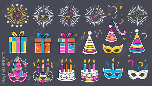Festive birthday celebration elements including gifts cakes party hats fireworks and masks are pictured