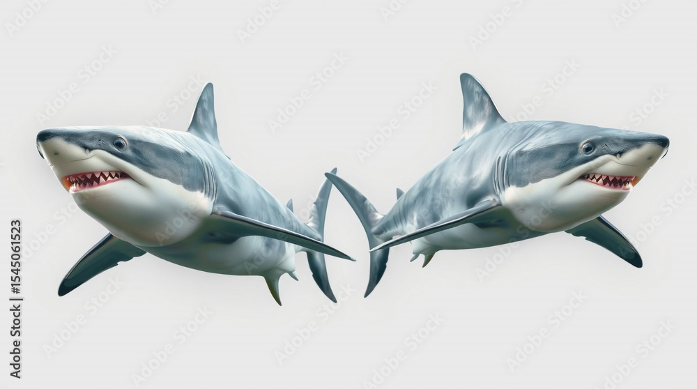 Naklejka premium Two great white sharks facing each other with teeth bared against a plain white background image created with generated ai