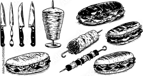 Doner Kebab set isolated on white background. Meat knives, kebab, shawarma, kebab sandwich. Shashlik on skewer. Kebab vintage design element for restaurant menu, logo, poster. Vector illustration